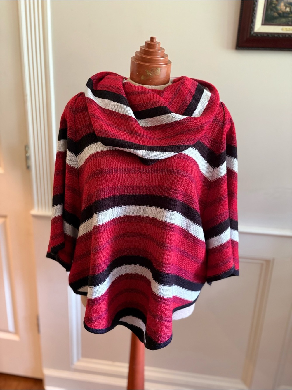 new directions Red, Black & White Striped Hooded Poncho Sweater
